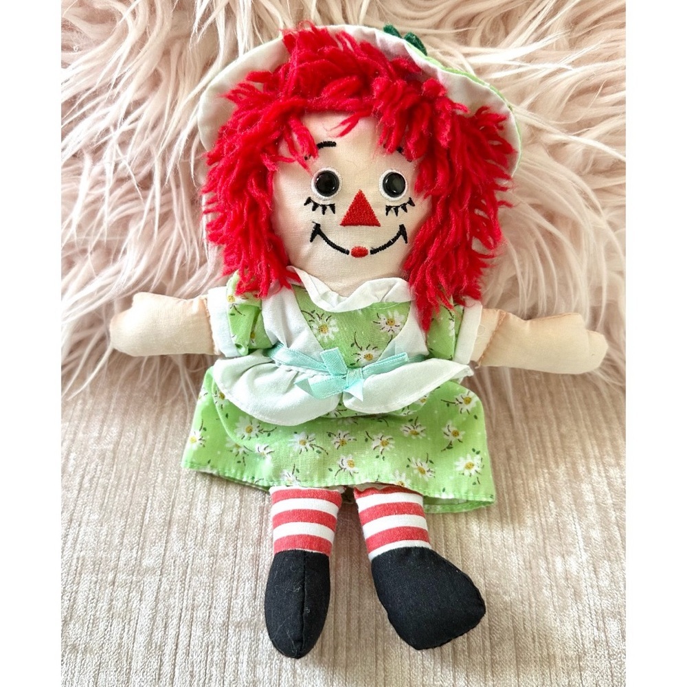 Small Raggedy Ann Doll 9” Length in a Green Daisy Dress , and a White Hat
